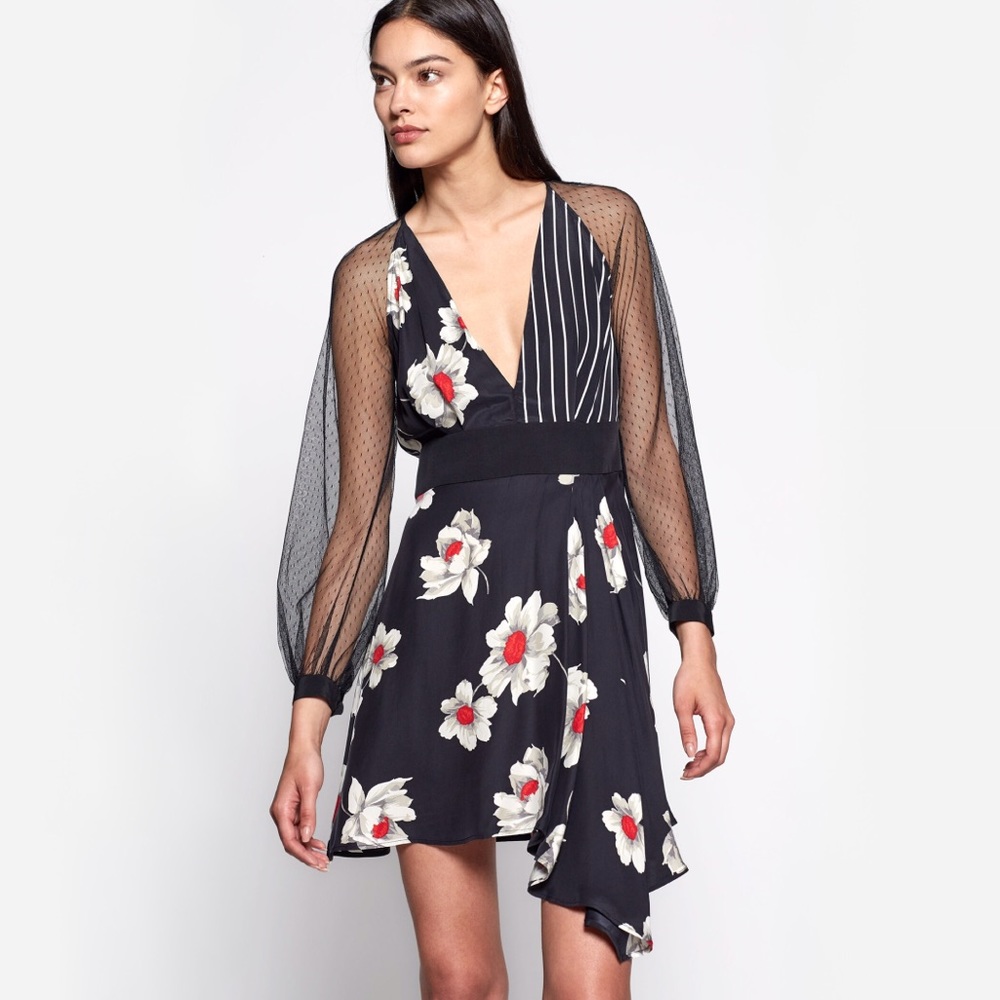 Equipment Alexandria Floral Striped Mixed Print Silk Dress In True Black Multi
